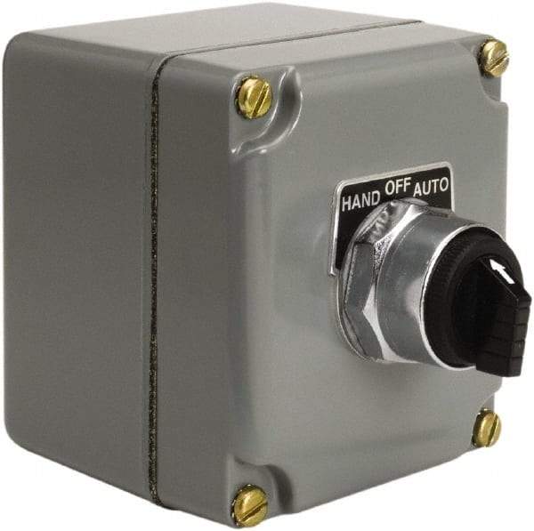 Schneider Electric - 1 Operator, Projecting Pushbutton Control Station - Auto, Hand, Off (Legend), Maintained Switch, NO Contact, NEMA 13, 3, 4 - Exact Tool & Supply