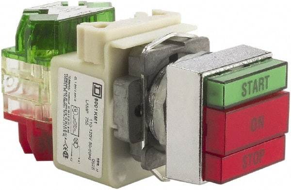 Schneider Electric - 30mm Mount Hole, Pushbutton Switch with Pilot Light - Rectangle, Green and Red Pushbutton, Illuminated, Momentary (MO), Start-On-Stop - Exact Tool & Supply