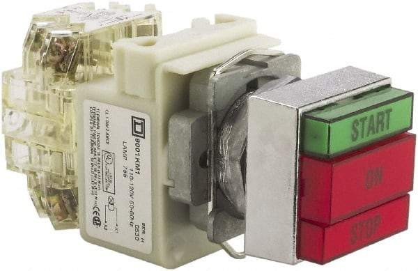 Schneider Electric - 30mm Mount Hole, Pushbutton Switch with Pilot Light - Rectangle, Green and Red Pushbutton, Illuminated, Momentary (MO), Start-On-Stop - Exact Tool & Supply