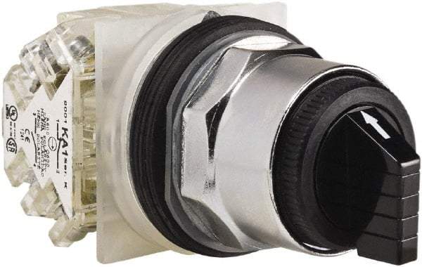 Schneider Electric - 1.18 Inch Mount Hole, 3 Position, Knob and Pushbutton Operated, Selector Switch - Black, Maintained (MA), 2NO/2NC, Weatherproof and Dust and Oil Resistant - Exact Tool & Supply