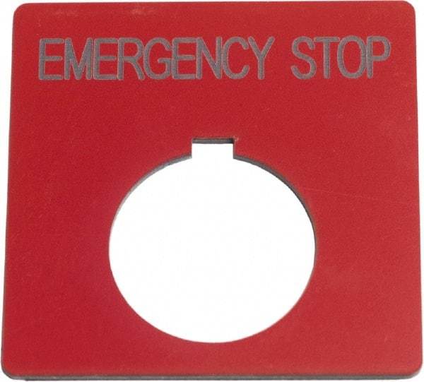 Schneider Electric - Square, Plastic Legend Plate - Emergency Stop - Red Background, Black Letters, 1.2 Inch Hole Diameter, 2-1/2 Inch Square - Exact Tool & Supply