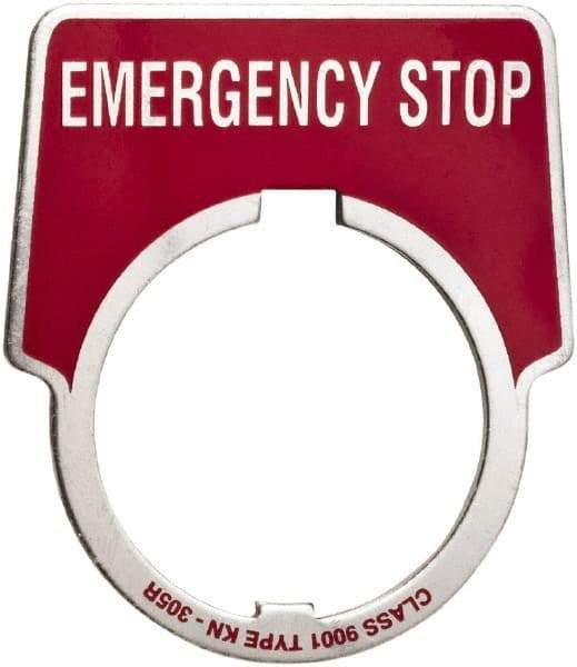 Schneider Electric - Aluminum Legend Plate - Emergency Stop - Black Background, 30mm Hole Diameter, 1-3/4 Inch Wide - Exact Tool & Supply
