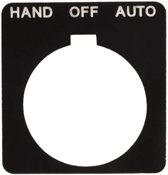 Schneider Electric - Square, Plastic Legend Plate - Hand-Off-Auto - Black Background, White Letters, 1.2 Inch Hole Diameter, 1-3/4 Inch Square - Exact Tool & Supply