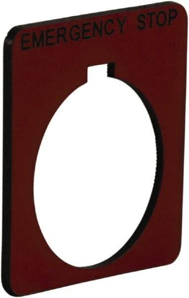 Schneider Electric - Square, Plastic Legend Plate - Emergency Stop - Red Background, Black Letters, 1.2 Inch Hole Diameter, 1-3/4 Inch Square - Exact Tool & Supply