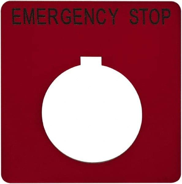 Schneider Electric - Square, Plastic Legend Plate - Emergency Stop - Red Background, Black Letters, 1.2 Inch Hole Diameter, 2-1/4 Inch Square - Exact Tool & Supply