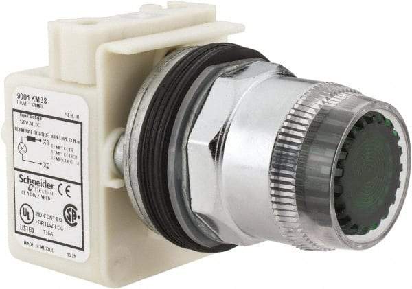 Schneider Electric - 1.18 Inch Mount Hole, Extended Straight, Pushbutton Switch Only - Round, Green Pushbutton, Illuminated, Momentary (MO), Weatherproof, Dust and Oil Resistant - Exact Tool & Supply