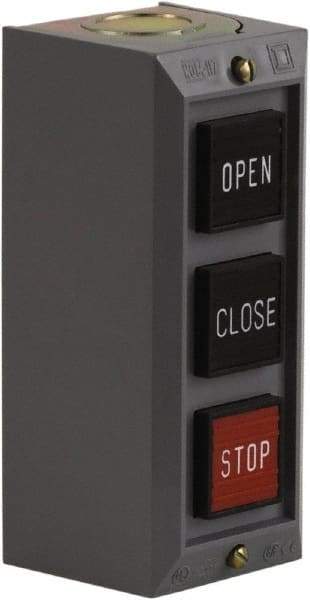 Schneider Electric - 3 Operator, Projecting Pushbutton Control Station - Close, Open, Stop (Legend), Momentary Switch, 2NO/3NC Contact, NEMA 1 - Exact Tool & Supply