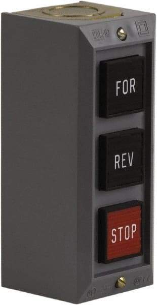 Schneider Electric - 3 Operator, Projecting Pushbutton Control Station - Forward, Reverse, Stop (Legend), Momentary Switch, 2NO/3NC Contact, NEMA 1 - Exact Tool & Supply
