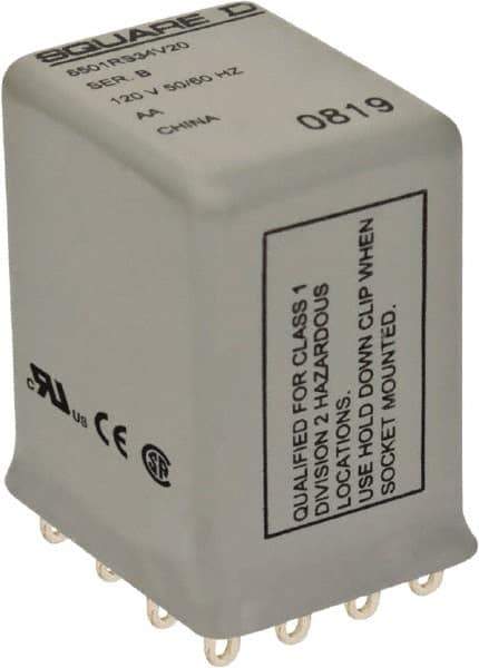 Square D - 1/6 hp at 120/240 Volt, Electromechanical Plug-in General Purpose Relay - 1 Amp at 240 VAC, 4PDT, 120 VAC at 50/60 Hz - Exact Tool & Supply