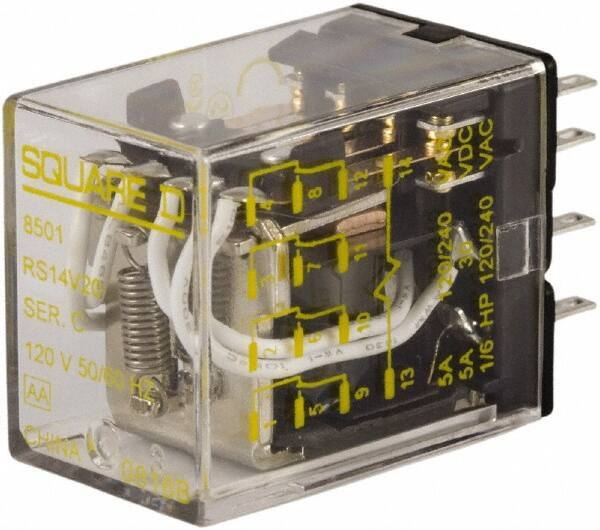 Square D - 1/6 hp at 120/240 Volt, Electromechanical Plug-in General Purpose Relay - 5 Amp at 240 VAC, 4PDT, 120 VAC at 50/60 Hz - Exact Tool & Supply