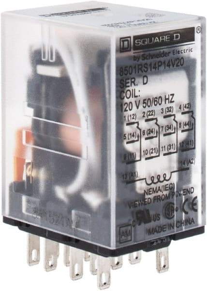 Square D - 1/6 hp at 120/240 Volt, Electromechanical Plug-in General Purpose Relay - 5 Amp at 240 VAC, 4PDT, 120 VAC at 50/60 Hz - Exact Tool & Supply