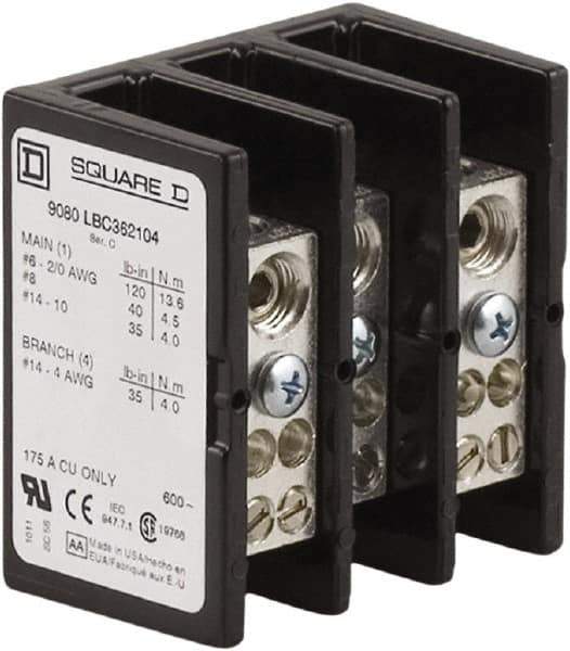 Square D - 3 Poles, 175 (Copper) Amp, Phenolic Power Distribution Block - 600 VAC, 1 Primary Connection - Exact Tool & Supply