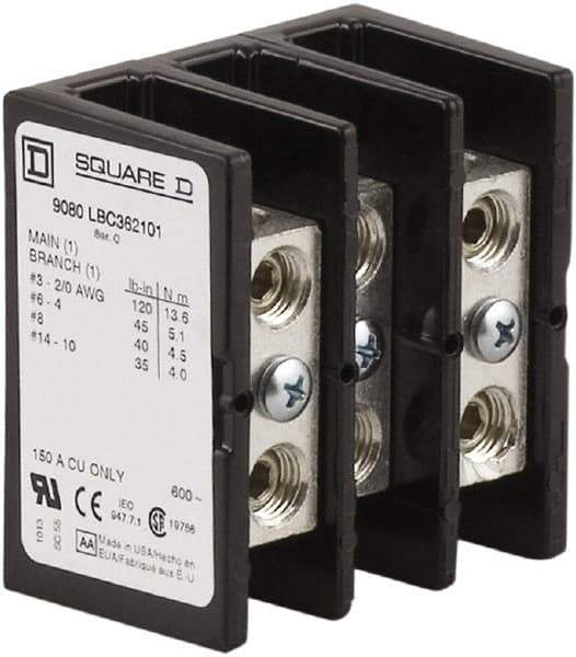 Square D - 3 Poles, 150 (Copper) Amp, Phenolic Power Distribution Block - 600 VAC, 1 Primary Connection - Exact Tool & Supply