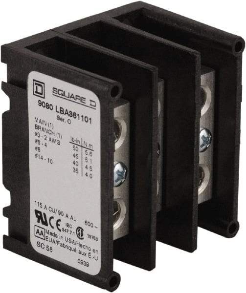 Square D - 3 Poles, 115 (Copper), 90 (Aluminium) Amp, Thermoplastic Power Distribution Block - 600 VAC, 1 Primary Connection - Exact Tool & Supply