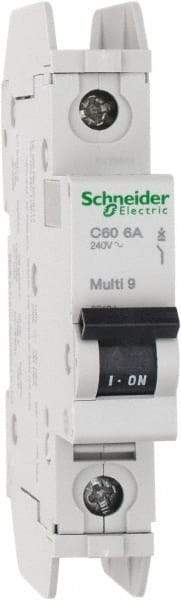 Schneider Electric - 6 Amp, 125 VDC, 240 VAC, 60 VDC, 1 Pole, DIN Rail Mount, Fixed Mount Miniature Circuit Breaker - Thermal Magnetic Trip, Multiple Breaking Capacity Ratings, 73mm Deep x 107mm High x 18mm Wide - Exact Tool & Supply