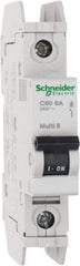 Schneider Electric - 6 Amp, 125 VDC, 240 VAC, 60 VDC, 1 Pole, DIN Rail Mount, Fixed Mount Miniature Circuit Breaker - Thermal Magnetic Trip, Multiple Breaking Capacity Ratings, 73mm Deep x 107mm High x 18mm Wide - Exact Tool & Supply