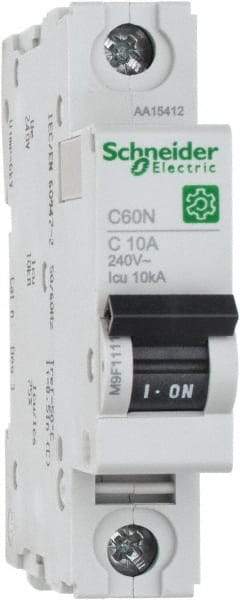 Schneider Electric - 10 Amp, 240/415 VAC, 1 Pole, DIN Rail Mounted Miniature Circuit Breaker - Thermal Magnetic Trip, 10 kA at 240 VAC Breaking Capacity, 14-4 AWG, 76mm Deep x 81mm High x 18mm Wide - Exact Tool & Supply