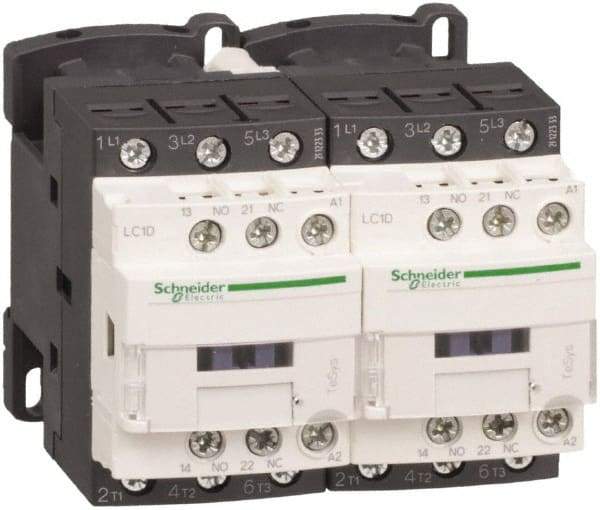 Schneider Electric - 3 Pole, 48 Coil VAC at 50/60 Hz, 12 Amp at 440 VAC, Reversible IEC Contactor - 1 Phase hp: 1 at 115 VAC, 2 at 230/240 VAC, 3 Phase hp: 10 at 575/600 VAC, 3 at 200/208 VAC, 3 at 230/240 VAC, 7.5 at 460/480 VAC - Exact Tool & Supply