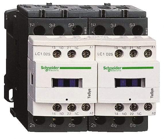 Schneider Electric - 3 Pole, 24 Coil VAC at 50/60 Hz, 9 Amp at 440 VAC, Reversible IEC Contactor - 1 Phase hp: 0.5 at 115 VAC, 1 at 230/240 VAC, 3 Phase hp: 2 at 200/208 VAC, 2 at 230/240 VAC, 5 at 460/480 VAC, 7.5 at 575/600 VAC - Exact Tool & Supply