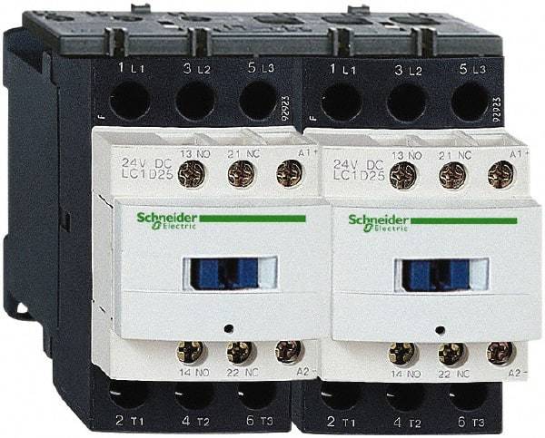 Schneider Electric - 3 Pole, 24 Coil VAC at 50/60 Hz, 9 Amp at 440 VAC, Reversible IEC Contactor - 1 Phase hp: 0.5 at 115 VAC, 1 at 230/240 VAC, 3 Phase hp: 2 at 200/208 VAC, 2 at 230/240 VAC, 5 at 460/480 VAC, 7.5 at 575/600 VAC - Exact Tool & Supply
