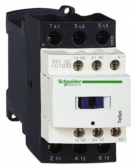 Schneider Electric - 3 Pole, 12 Coil VDC, 32 Amp at 440 VAC and 50 Amp at 440 VAC, Nonreversible IEC Contactor - 1 Phase hp: 2 at 115 VAC, 5 at 230/240 VAC, 3 Phase hp: 10 at 230/240 VAC, 20 at 460/480 VAC, 30 at 575/600 VAC, 7.5 at 200/208 VAC - Exact Tool & Supply