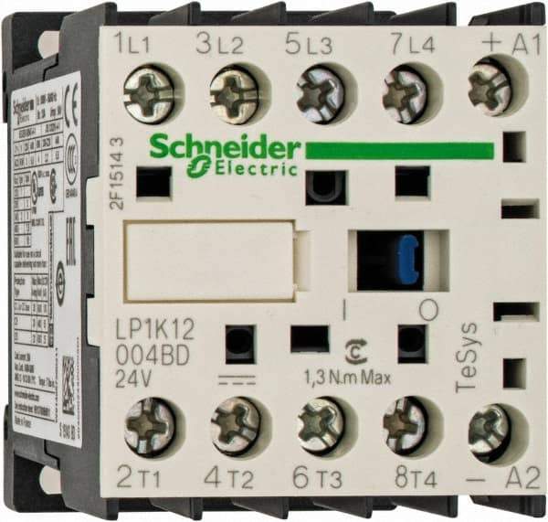 Schneider Electric - 4 Pole, 24 Coil VDC, 16 Amp at 690 VAC and 20 Amp at 440 VAC, Nonreversible IEC Contactor - BS 5424, CSA, IEC 60947, NF C 63-110, RoHS Compliant, UL Listed, VDE 0660 - Exact Tool & Supply
