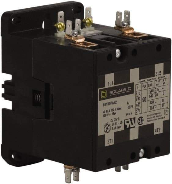 Square D - 2 Pole, 90 Amp Inductive Load, 110 Coil VAC at 50 Hz and 120 Coil VAC at 60 Hz, Definite Purpose Contactor - Phase 1 Hp:  20 at 230 VAC, 7.5 at 115 VAC, 120 Amp Resistive Rating, CE, CSA, UL Listed - Exact Tool & Supply