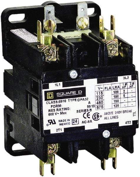 Square D - 2 Pole, 75 Amp Inductive Load, 24 Coil VAC at 50/60 Hz, Definite Purpose Contactor - Phase 1 Hp:  15 at 230 VAC, 5 at 115 VAC, 94 Amp Resistive Rating, CE, CSA, UL Listed - Exact Tool & Supply