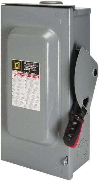 Square D - 30 Amp, 600 VAC/VDC, 3 Pole Fused Safety Switch - NEMA 3R, 7.5 hp at 480 VAC, 5 hp at 250 VDC (Single Phase), 20 hp at 600 VAC, 10 hp at 600 VDC (Triple Phase), 3PST Contact Form - Exact Tool & Supply