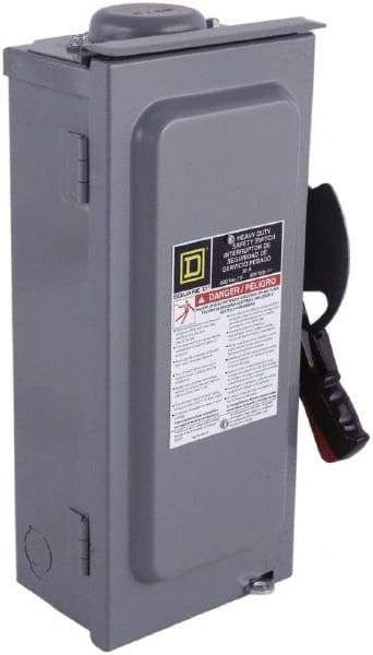 Square D - 100 Amp, 600 VAC/VDC, 3 Pole Fused Safety Switch - NEMA 3R, 30 hp at 480 VAC (Single Phase), 75 hp at 600 VAC, 50 hp at 600 VDC (Triple Phase), 3PST Contact Form - Exact Tool & Supply