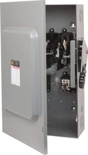 Square D - 200 Amp, 240 VAC, 250 VDC, 2 Pole Fused Safety Switch - NEMA 1, 15 hp at 240 VAC (Single Phase), 60 hp at 240 VAC, 40 hp at 250 VDC (Triple Phase), DPST Contact Form - Exact Tool & Supply