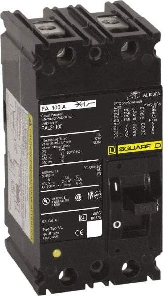 Square D - 100 Amp, 240 VAC, 2 Pole, Panel Mount Molded Case Circuit Breaker - Thermal Magnetic Trip, 10 kA at 240 VAC Breaking Capacity, 12-1/0 (Aluminum), 14-1/0 (Copper) AWG, 4.16 Inch Deep x 6 Inch High x 3 Inch Long - Exact Tool & Supply