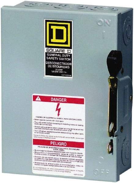 Square D - 30 Amp, 240 V, 2 Pole Fused Safety Switch - NEMA 1, 3 hp at 240 VAC (Single Phase), 7.5 hp at 240 VAC (Triple Phase), DPST Contact Form - Exact Tool & Supply