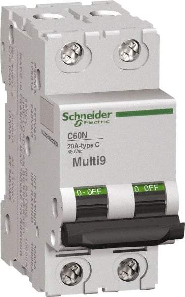 Schneider Electric - 20 Amp, 2 Pole, DIN Rail Mount Standard Circuit Breaker - Multiple Breaking Capacity Ratings, 14-4 (Copper) AWG, 3 Inch Deep x 3.19 Inch High x 1.42 Inch Wide - Exact Tool & Supply