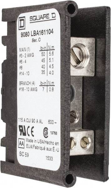 Square D - 1 Pole, 115 (Copper), 90 (Aluminium) Amp, Thermoplastic Power Distribution Block - 600 VAC, 1 Primary Connection - Exact Tool & Supply