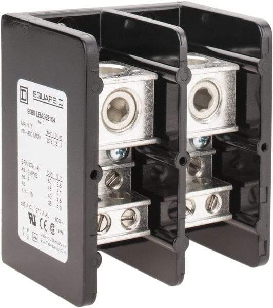 Square D - 2 Poles, 270 (Aluminium), 335 (Copper) Amp, Phenolic Power Distribution Block - 600 VAC, 1 Primary Connection - Exact Tool & Supply