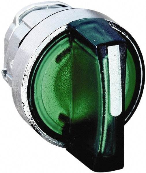 Schneider Electric - 22mm Mount Hole, 3 Position, Handle Operated, Selector Switch - Green, Momentary (MO), Illuminated, Shock, Vibration and Water Resistant - Exact Tool & Supply