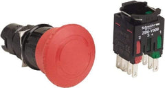 Schneider Electric - 16mm Mount Hole, Extended Mushroom Head, Pushbutton Switch with Contact Block - Round, Red Pushbutton, Maintained (MA), Momentary (MO) - Exact Tool & Supply