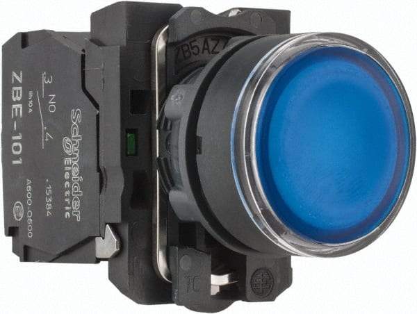 Schneider Electric - 22mm Mount Hole, Flush, Pushbutton Switch with Contact Block - Round, Blue Pushbutton, Illuminated, Momentary (MO) - Exact Tool & Supply