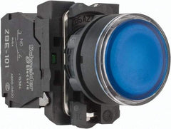 Schneider Electric - 22mm Mount Hole, Flush, Pushbutton Switch with Contact Block - Round, Blue Pushbutton, Illuminated, Momentary (MO) - Exact Tool & Supply