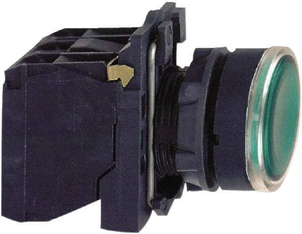 Schneider Electric - 22mm Mount Hole, Flush, Pushbutton Switch with Contact Block - Round, Green Pushbutton, Illuminated, Momentary (MO) - Exact Tool & Supply
