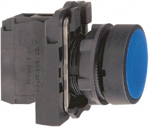 Schneider Electric - 22mm Mount Hole, Flush, Pushbutton Switch with Contact Block - Round, Blue Pushbutton, Momentary (MO) - Exact Tool & Supply
