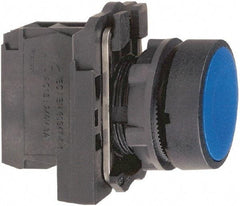 Schneider Electric - 22mm Mount Hole, Flush, Pushbutton Switch with Contact Block - Round, Blue Pushbutton, Momentary (MO) - Exact Tool & Supply