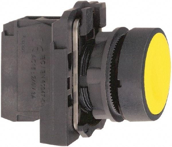 Schneider Electric - 22mm Mount Hole, Flush, Pushbutton Switch with Contact Block - Round, Yellow Pushbutton, Momentary (MO) - Exact Tool & Supply