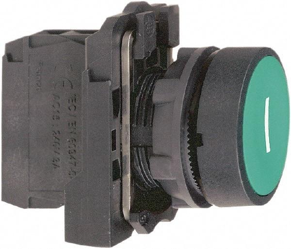 Schneider Electric - 22mm Mount Hole, Flush, Pushbutton Switch with Contact Block - Round, Green Pushbutton, Momentary (MO) - Exact Tool & Supply