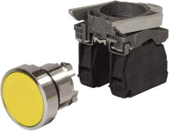 Schneider Electric - 0.87 Inch Mount Hole, Pushbutton Switch with Contact Block - Round, Yellow Pushbutton, Nonilluminated, Momentary (MO), Anticorrosive, Dust Resistant and Vaportight - Exact Tool & Supply