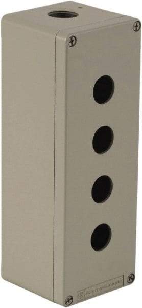 Schneider Electric - 4 Hole, 1.58 Inch Hole Diameter, Zinc Alloy Pushbutton Switch Enclosure - 8.66 Inch High x 3.15 Inch Wide x 3.03 Inch Deep, 4, 13 NEMA Rated - Exact Tool & Supply