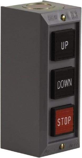 Schneider Electric - 3 Operator, Projecting Pushbutton Control Station - Down, Stop, Up (Legend), Momentary Switch, 2NO/3NC Contact, NEMA 1 - Exact Tool & Supply