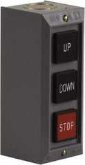 Schneider Electric - 3 Operator, Projecting Pushbutton Control Station - Down, Stop, Up (Legend), Momentary Switch, 2NO/3NC Contact, NEMA 1 - Exact Tool & Supply