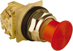 Schneider Electric - 30mm Mount Hole, Extended Mushroom Head, Pushbutton Switch with Contact Block - Round, Red Pushbutton, Momentary (MO) - Exact Tool & Supply